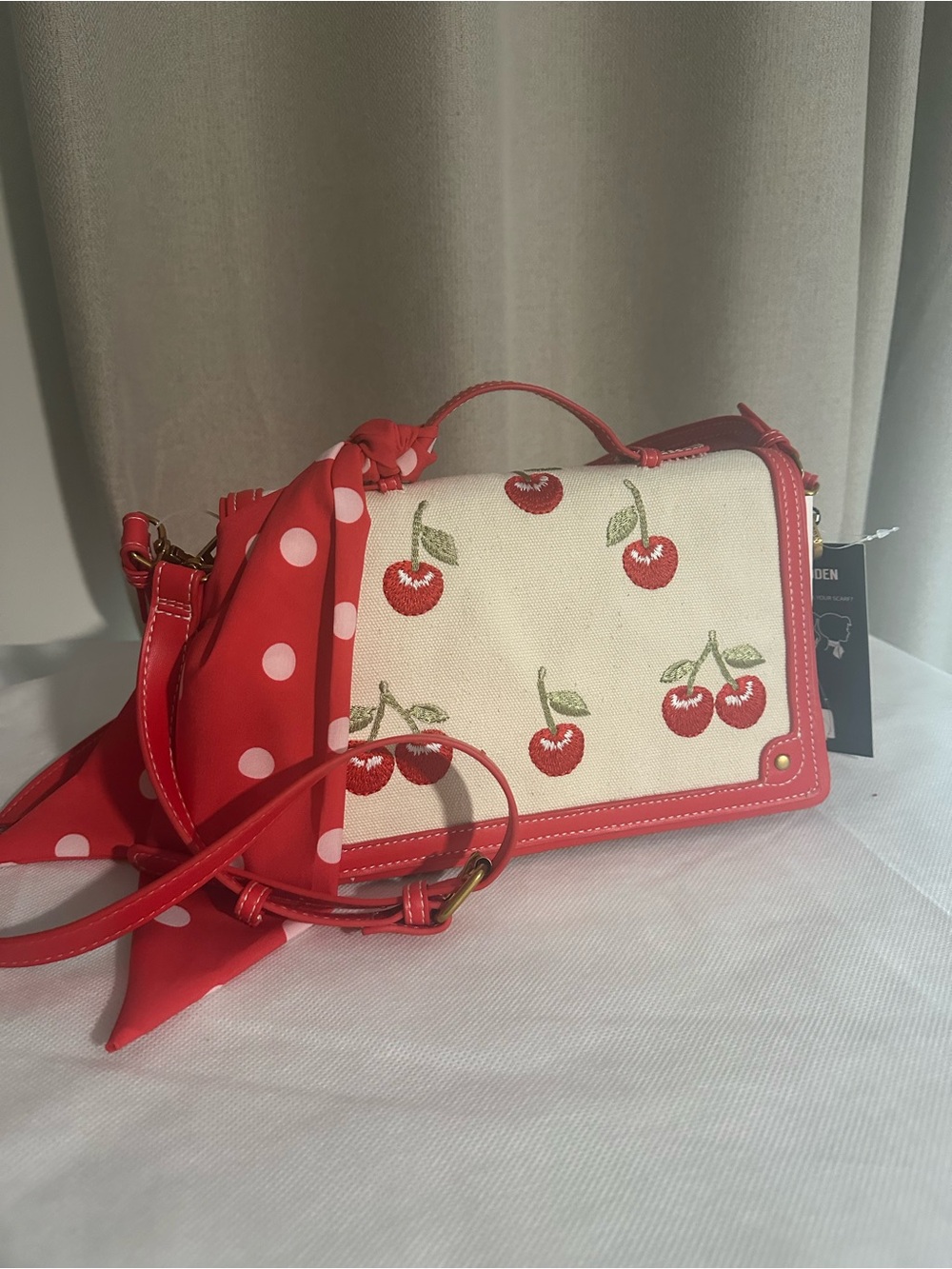 NWT! Steve Madden Cherry-Print  Canvas Crossbody Bag in Red and Cream with scarf